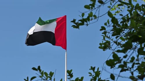 4k Footage: National Flag of United Arab Emirates (UAE) on a Pole Waving in Wind against Clear Blue