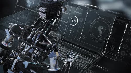 Roboter arbeitet am Laptop mit futuristischer HUD-Schnittstelle