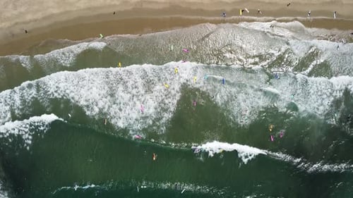 Aerial shot of surfers in the Pacific Ocean