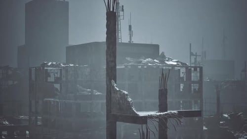 Urban Landscape Showing Remnants of Buildings After a Disaster Event
