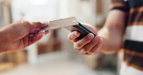 Person, hands and credit card on pos machine for payment, box or delivery at checkout store