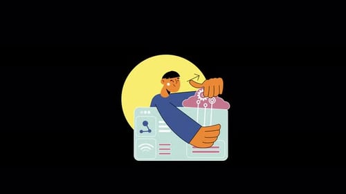 Animated Person Interacting with Cloud Data and Digital Interface
