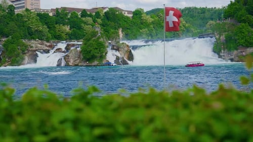 Switzerland Rhine Falls Waterfall Largest Natural River Waterfall Europe Tourists Sail By Boat