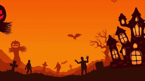 Animated Spooky Halloween Scene with Haunted House and Zombies