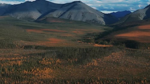 Montanhas Ogilvie com florestas outonais perto do Parque Territorial Tombstone em Yukon, Canadá. Queda aérea