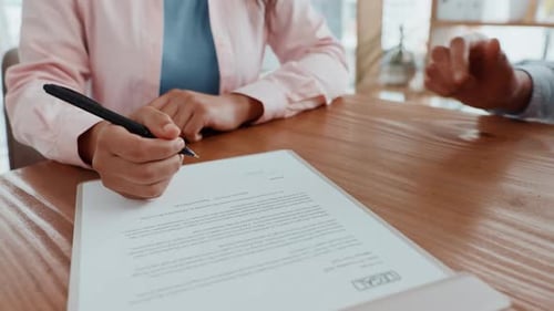 Hands, contract and signature with lawyer pointing for planning, consultation or deal