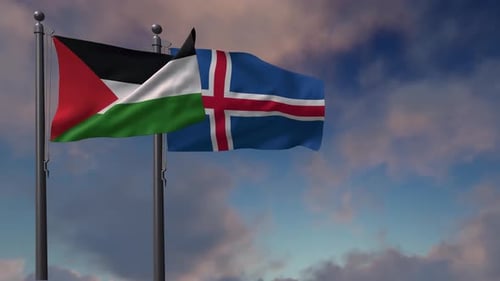 Palestine and Iceland National Flags Waving Animation