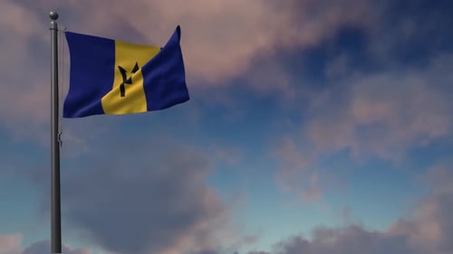 Barbados National Flag Waving Against a Cloudy Sky