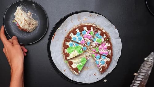 Cutting Decorated Cake and Serving on Plates