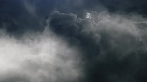 4k POV flying through white clouds with lightning strike, thunderstorm