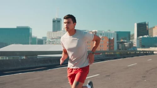 City, man and health with running for fitness, wellness challenge and training for marathon