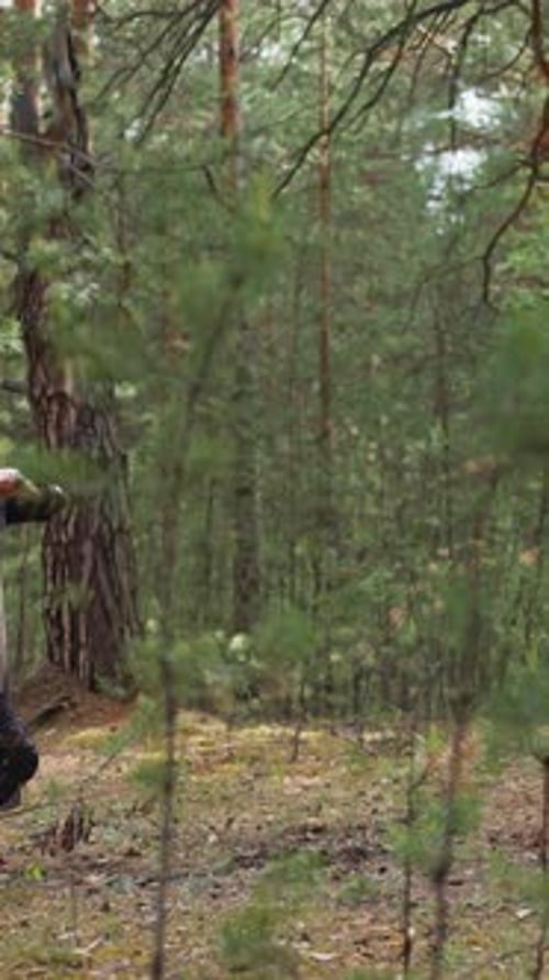 Mutiger Ritter kämpft mit einem großen hässlichen Ork im Tannenwald