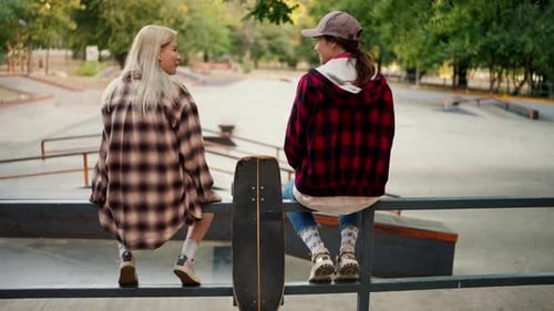 Rear View of Two Girls in Plaid Shirts Near Their Skateboard Sitting on a Gray Fence and Chatting in