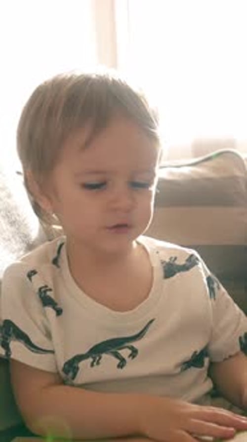 Blonde Toddler Boy Reads in Living Room