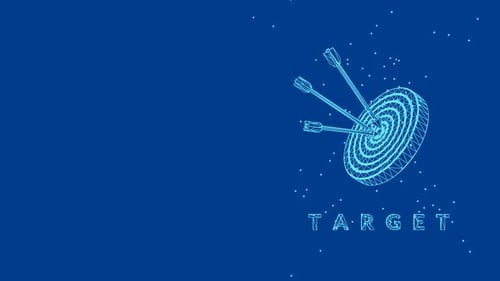 Animación de establecimiento de objetivos y objetivos empresariales con tablero de dardos con estructura alámbrica.