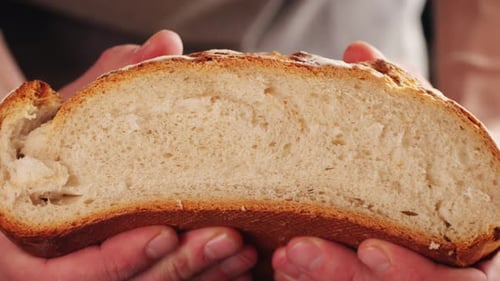 Whole Wheat White Grain Bread Closeup Macro Texture in Hands Man Cutting Fresh Bread with a Big