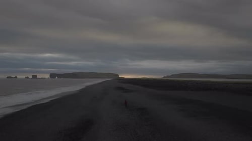 Person Walking on Black Sand Beach in Iceland
