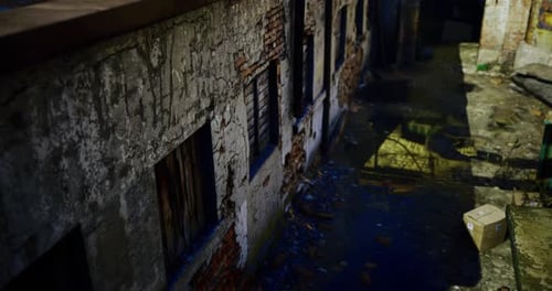 Abandoned Building Complex with Broken Windows and Debris in Dim Lighting