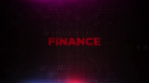 Animación de texto financiero sobre fondo rojo digital