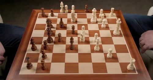 Chess Game Moves, Two Men Moving And Taking Pieces With View Of Whole Board, Slow Motion