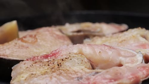 Cooking Fillet Sturgeon Fish on Grill or Frying Pan with Oil Closeup Roast Healthy Food Concept Fry