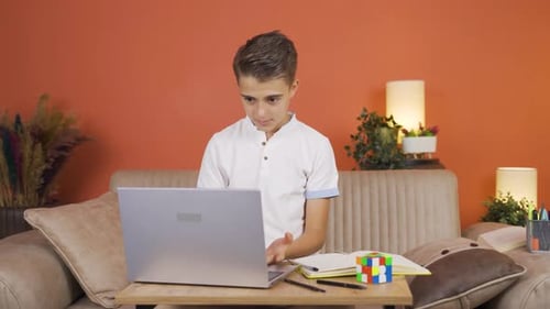 Teen Boy Studying with Laptop and Notebook