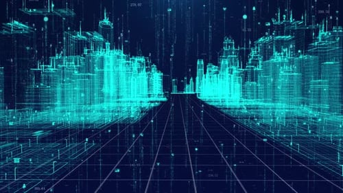 Fondo de ciudad holográfica de tecnología virtual de estructura alámbrica de partículas