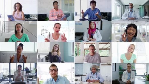 Team Having a Virtual Meeting in Grid View