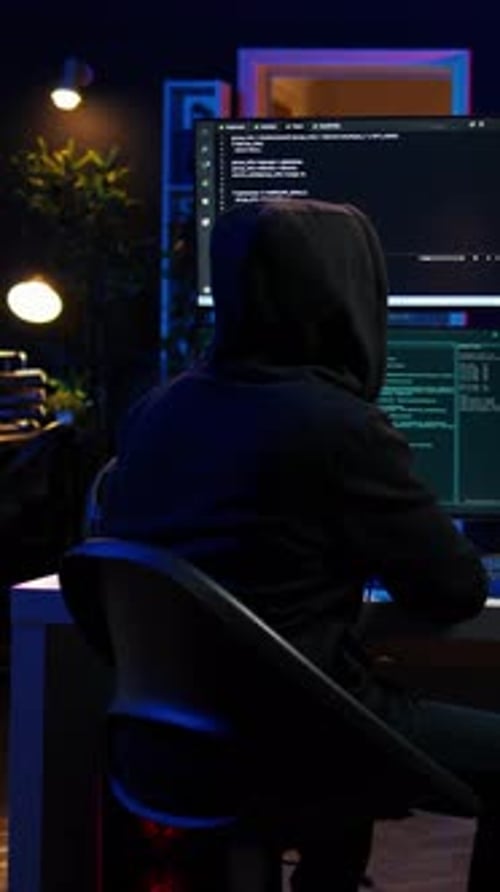 Vidéo verticale Happy Man écrivant du code sur PC célébrant après avoir réussi à contourner la sécurité