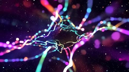 Abstract Neon Glowing Particle Ribbons Flowing in Deep Space