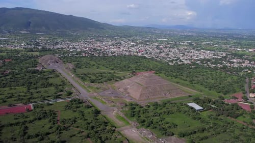 Aerial view of Teotihuacan showing the Pyramid of the sun and moon