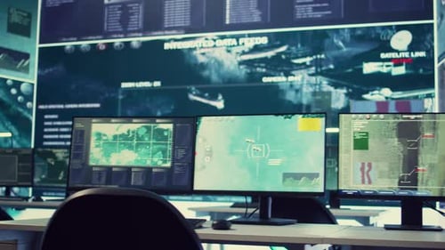 Futuristic Control Room with Multiple Computer Screens