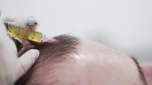 Macro shot of Hair mesotherapy procedure in the modern cosmetology clinic, plasma injectiions.