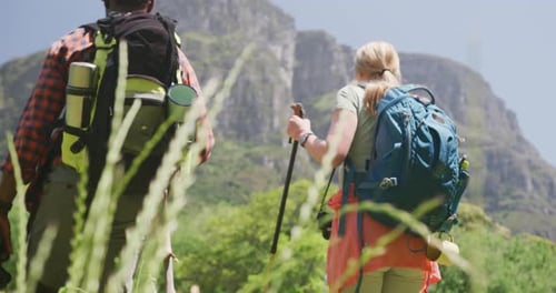 Adventurous Couple Hiking in Mountains on Sunny Day