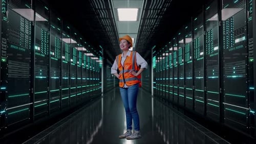 Full Body Side View Of Asian Female Engineer Standing With Arms Akimbo in Data Center