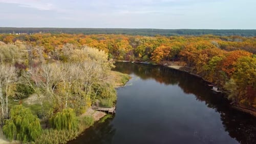 Autumn aerial flight above river with vivid trees