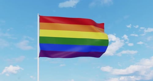 Rainbow Pride Flag Waving in Blue Sky Animation