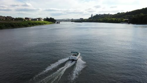 Aerial view of Ohio River and boat, United States.