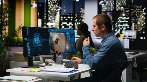 Vielfältiges Team von Ingenieuren nutzt künstliche Intelligenz, um einen Grundriss zu entwerfen