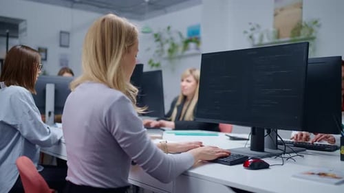 Female Office Workers Of Small IT Company Women IT Professionals Sitting At Tables And Working
