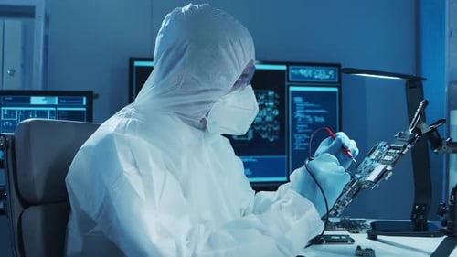 Microelectronics Engineer Works in a Modern Scientific Laboratory on Computing Systems and