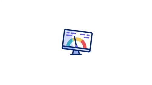 Animated Computer Monitor Showing Performance Speedometer in Flat Design