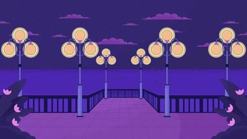Nacht am Wasser mit Straßenbeleuchtung, Lo-Fi-Zeichentrickhintergrund