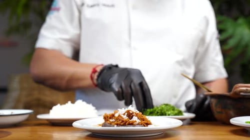 Chef Garnishing Gourmet Braised Meat Dish with Herbs