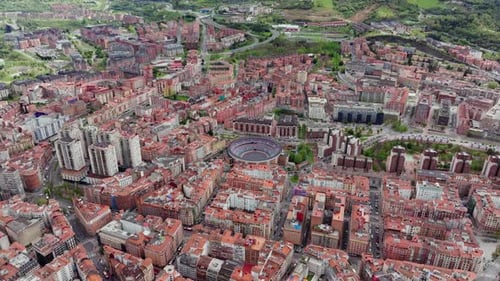 High Altitude Tripod Footage Showing Urban Panorama of Bilbao Spain Dense City with Traditional Red