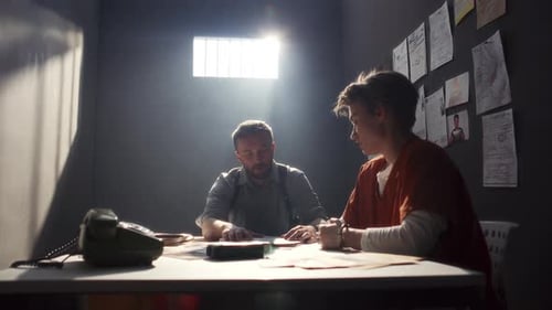 Police Officer Interrogating Handcuffed Female Inmate in Prison Room