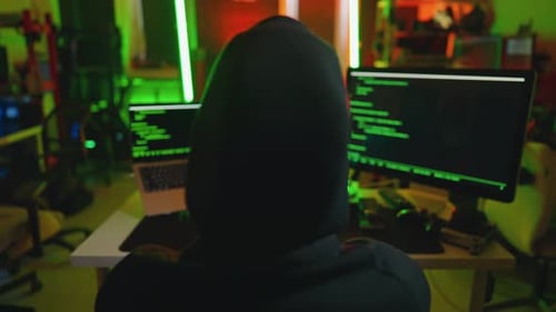 Hacker Writing Code Cracking Computer Man Programmer in Hoodie Cracks System Using Computer in Dark
