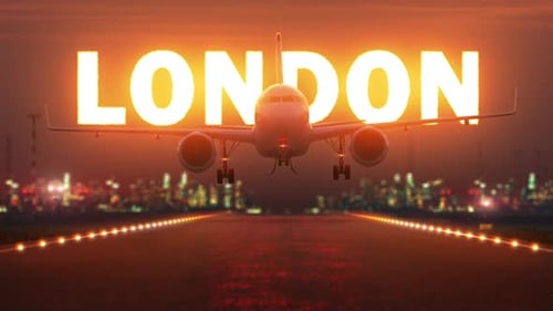 the plane is landing at the airport on the background of the inscription "London"