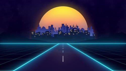 New York Night City Skyline Retro Style Animation, Statue of Liberty, United States of America