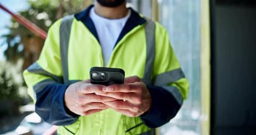 Man, engineer and hands typing with phone for planning construction project